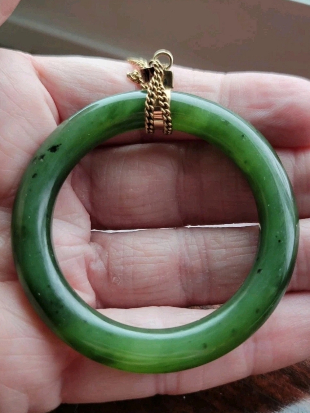 Vintage 14k Gold 2.5" Dark Green Genuine Jade Donut Pendant